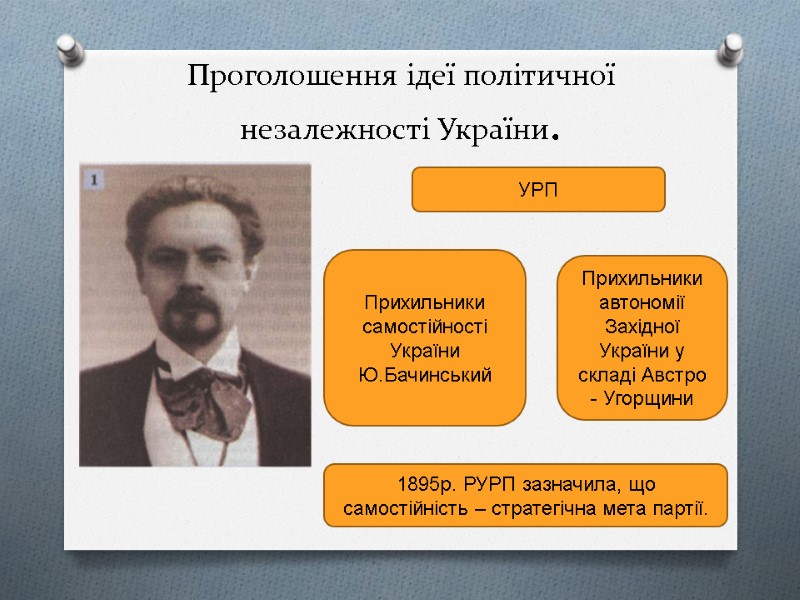 Проголошення ідеї політичної незалежності України. УРП Прихильники автономії Західної України у складі Австро -